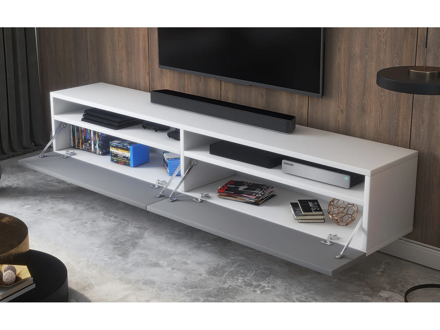 TV-meubel - 180 cm - mat wit / glanzend grijs - 2 open nissen - met 2 lades - REDNAW