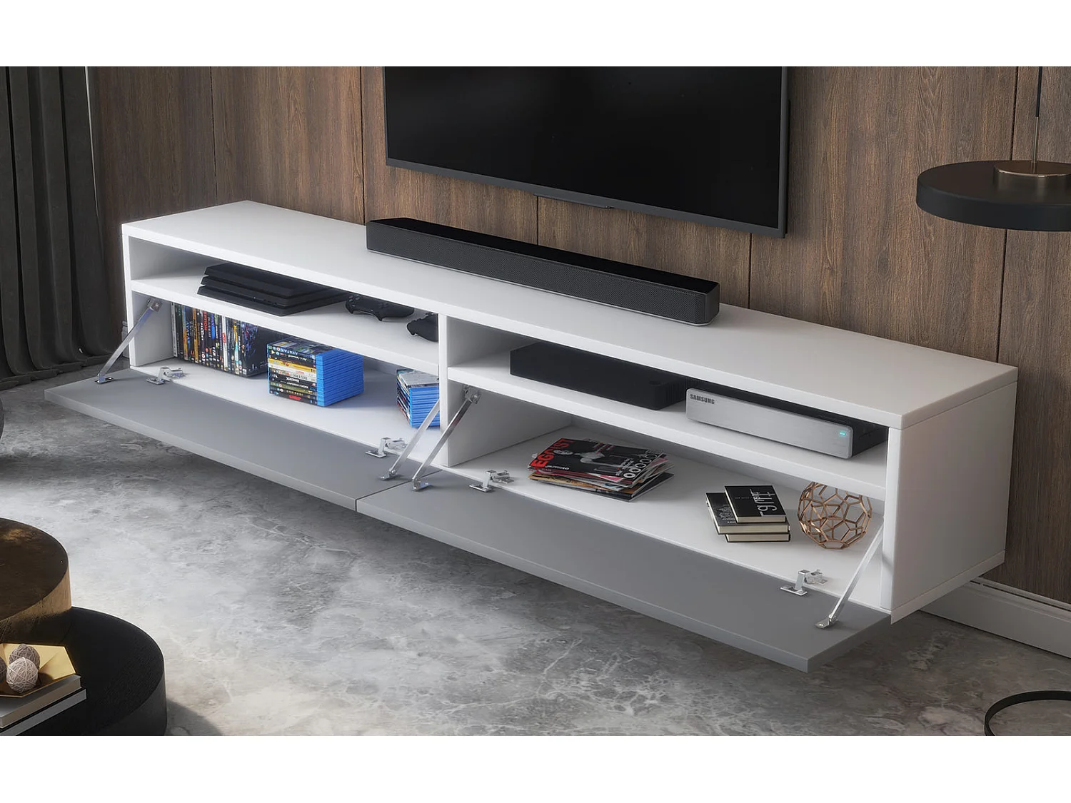 Mueble TV / Mueble de salón - Blanco Mate / Gris Brillo - 180 cm - Rednaw