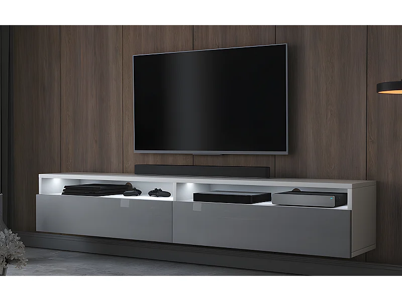 TV-Schrank / TV-Board stehend / hängend, 180 cm breit (Weiß Matt / Grau Hochglanz mit LED) - Rednaw
