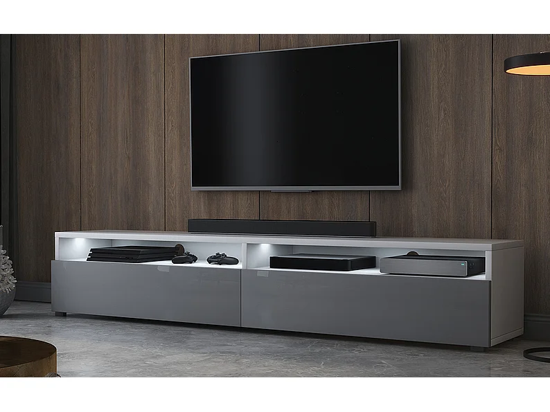 Meuble TV - 180 cm - blanc mat / gris brillant - 2 niches ouvertes - avec 2 tiroirs - avec LED - REDNAW
