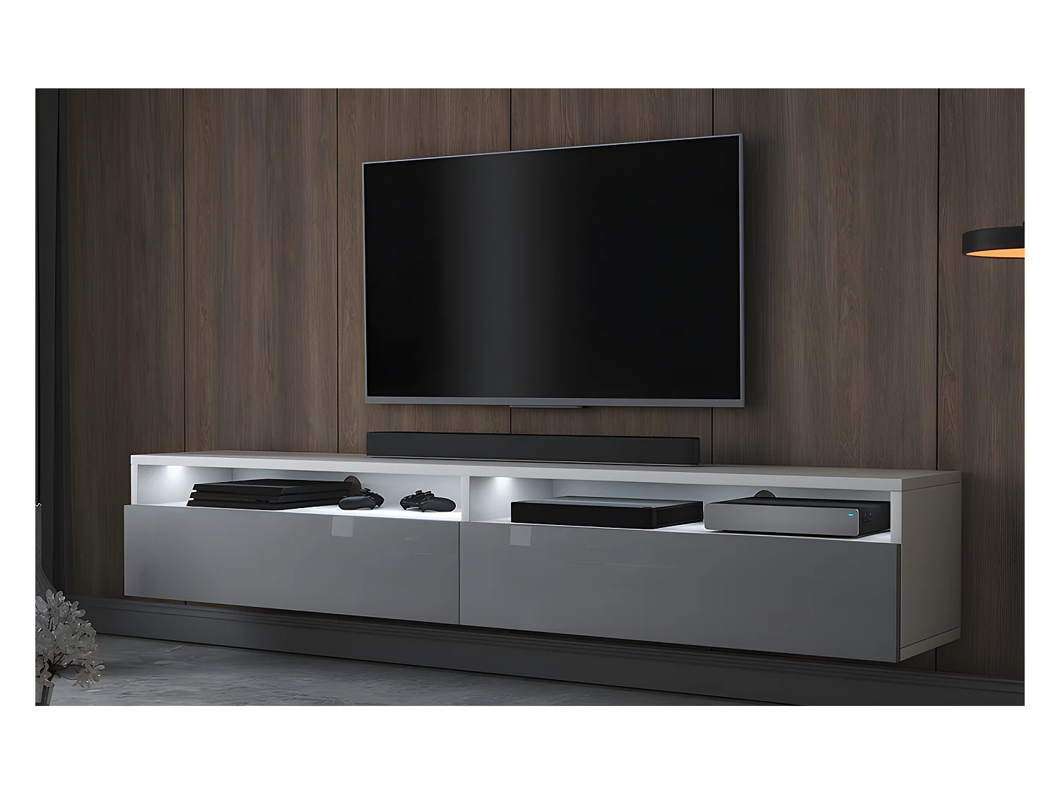 TV-Schrank / TV-Board stehend / hängend, 180 cm breit (Weiß Matt / Grau Hochglanz mit LED) - Rednaw