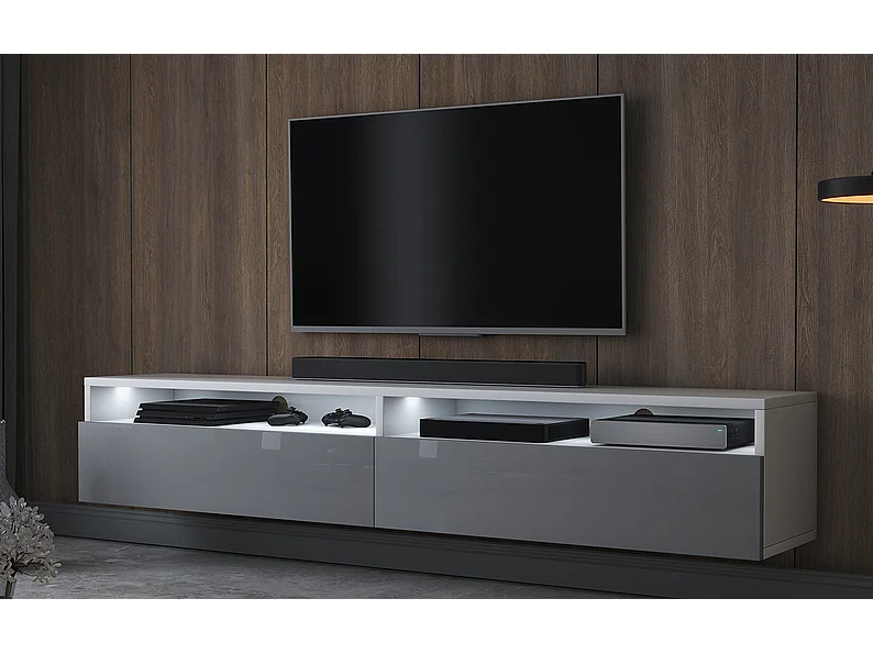 TV-Schrank / TV-Board stehend / hängend, 180 cm breit (Weiß Matt / Grau Hochglanz mit LED) - Rednaw