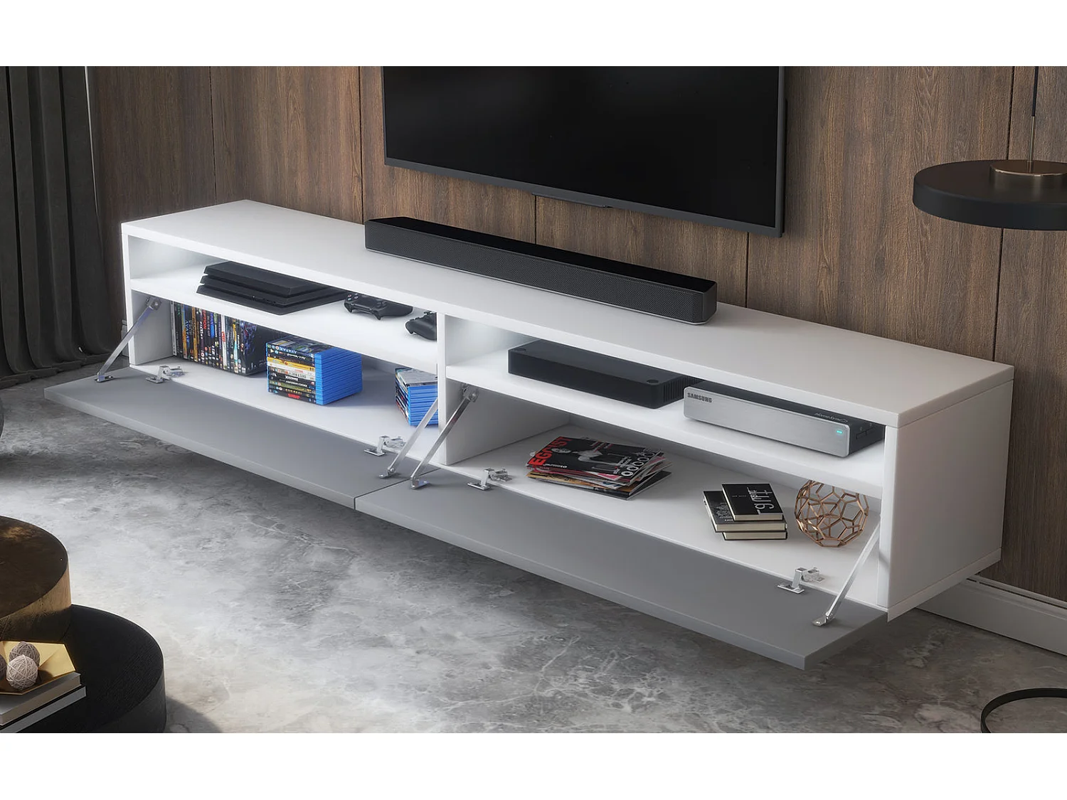 Meuble TV - 180 cm - blanc mat / gris brillant - 2 niches ouvertes - avec 2 tiroirs - avec LED - REDNAW