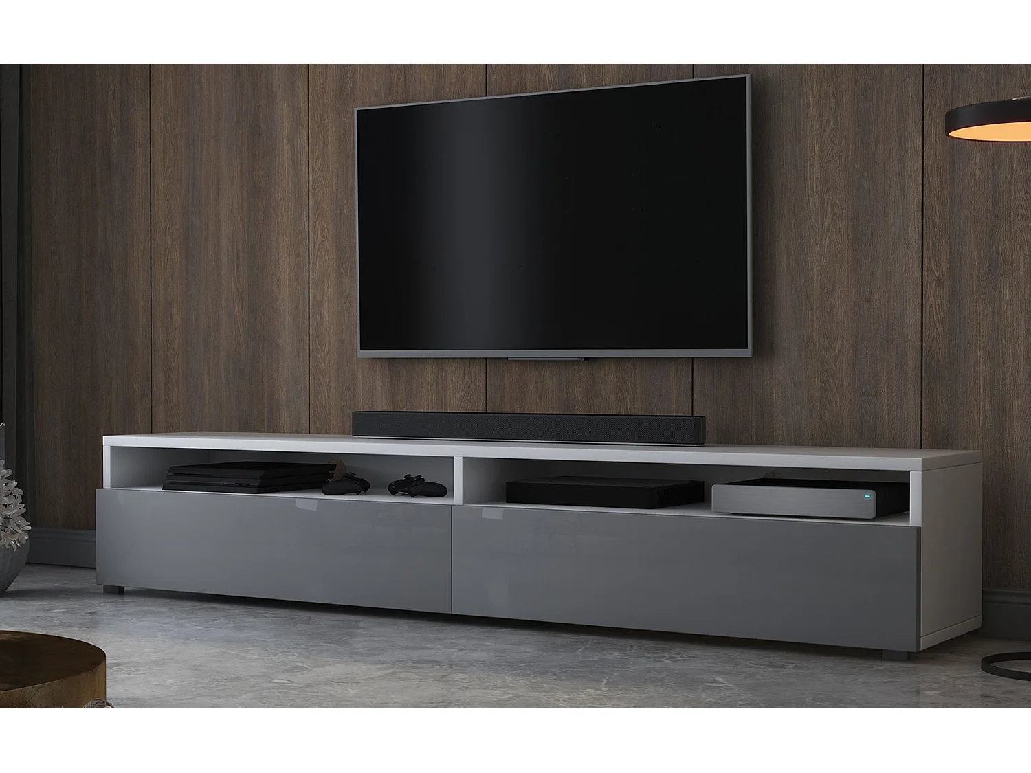 Meuble TV - 180 cm - blanc mat / gris brillant - 2 niches ouvertes - avec 2 tiroirs - avec LED - REDNAW