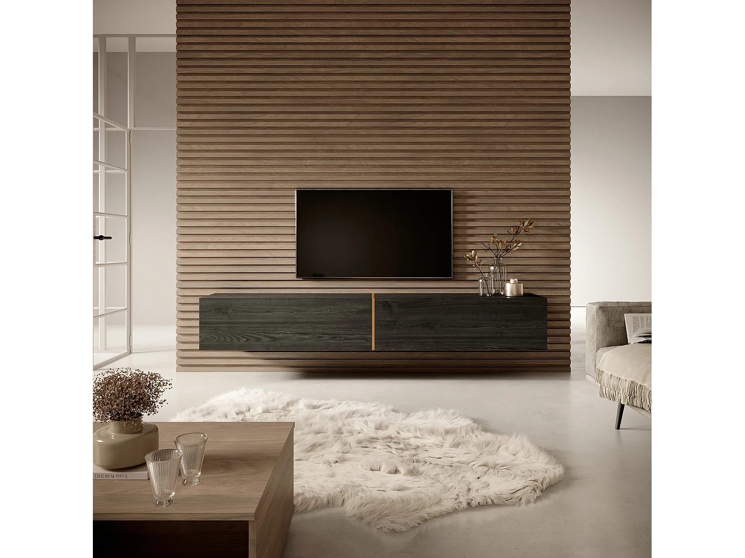 Meuble TV 200 cm - Frêne noir avec insert doré - BISIRA