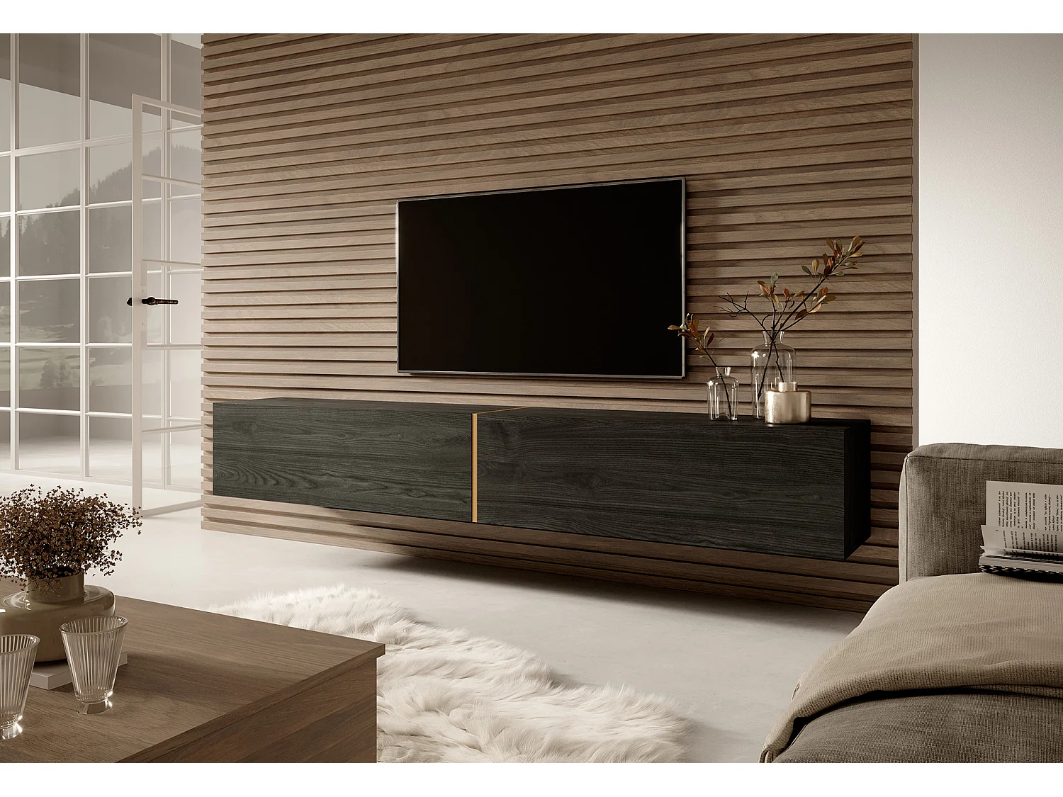 Meuble TV 200 cm - Frêne noir avec insert doré - BISIRA