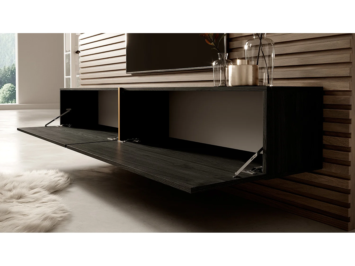 Meuble TV 200 cm - Frêne noir avec insert doré - BISIRA