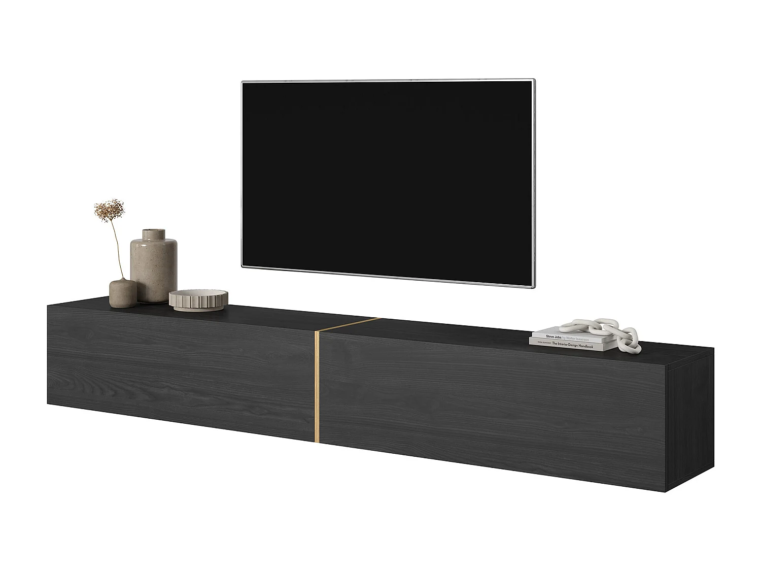 Meuble TV 200 cm - Frêne noir avec insert doré - BISIRA