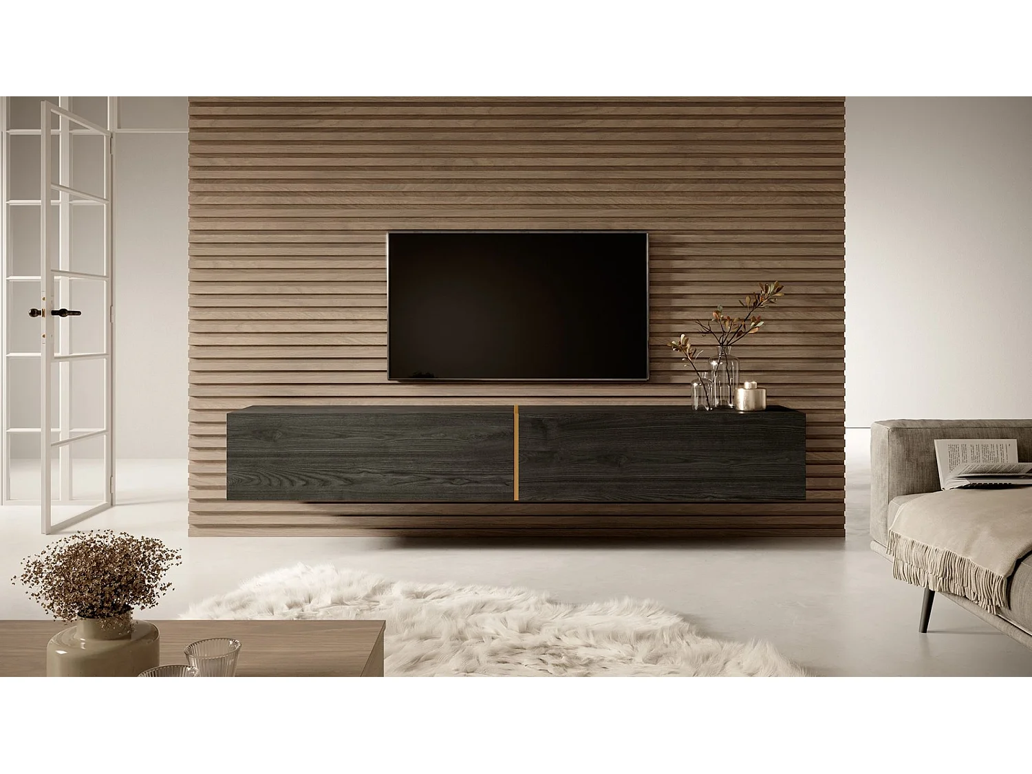 Meuble TV 200 cm - Frêne noir avec insert doré - BISIRA