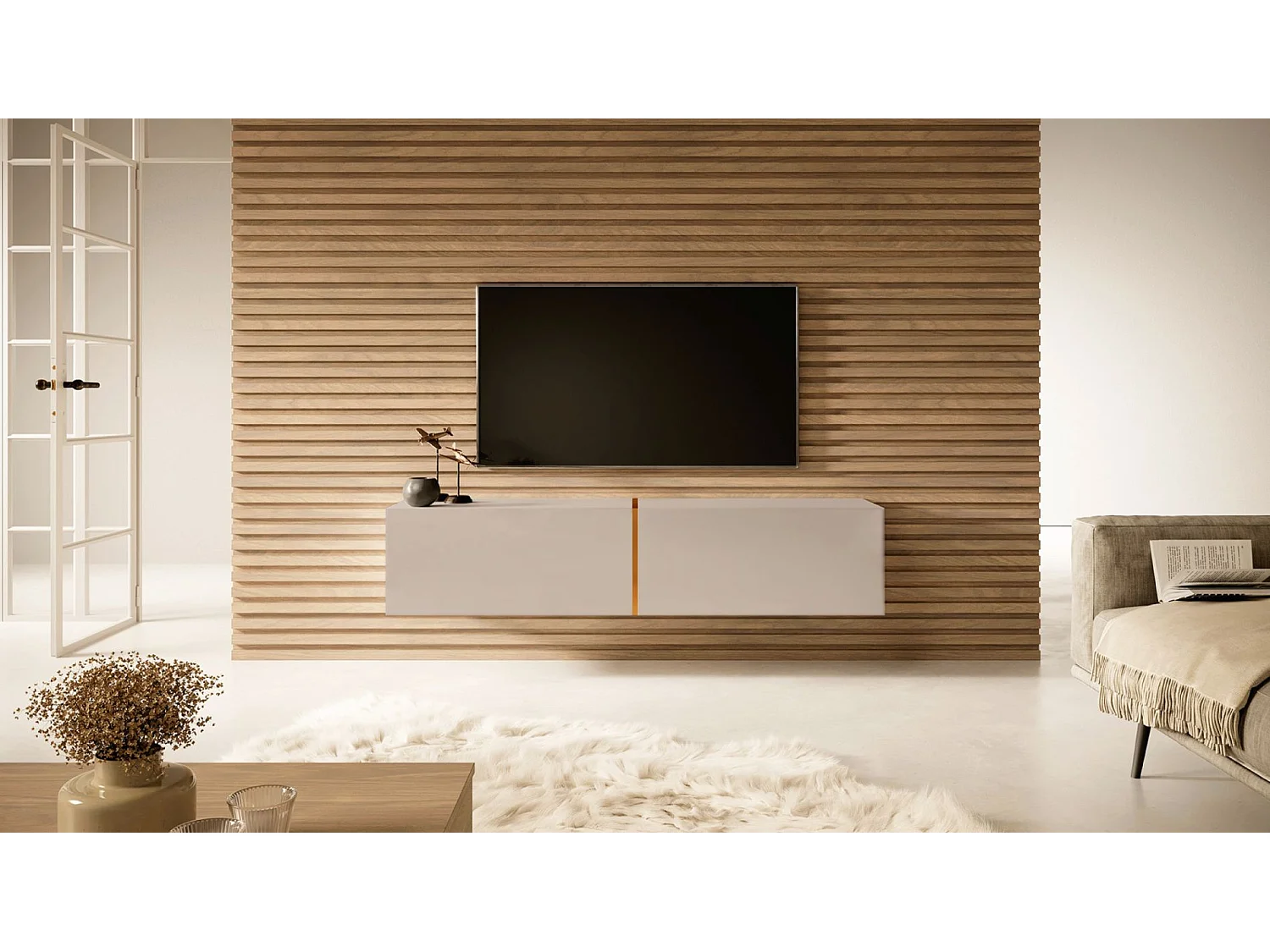 TV-Möbel - 140 cm - mit goldener Einlage - taupe (graubeige) - BISIRA