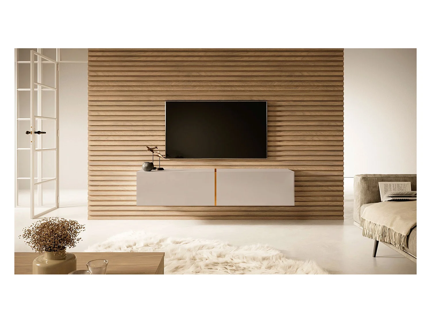 Meuble TV - 140 cm - taupe (gris-beige) avec insert doré - BISIRA