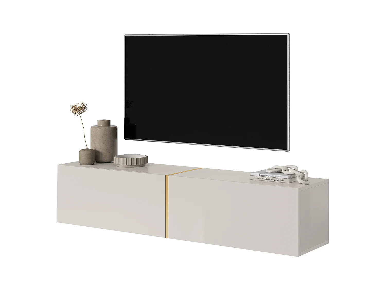 Meuble TV - 140 cm - taupe (gris-beige) avec insert doré - BISIRA