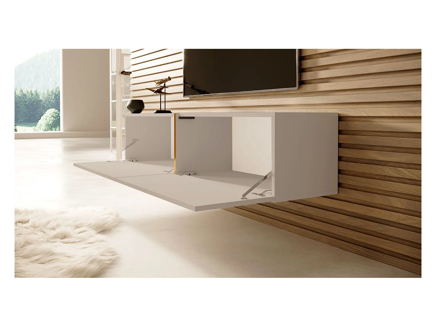 Meuble TV - 140 cm - taupe (gris-beige) avec insert doré - BISIRA