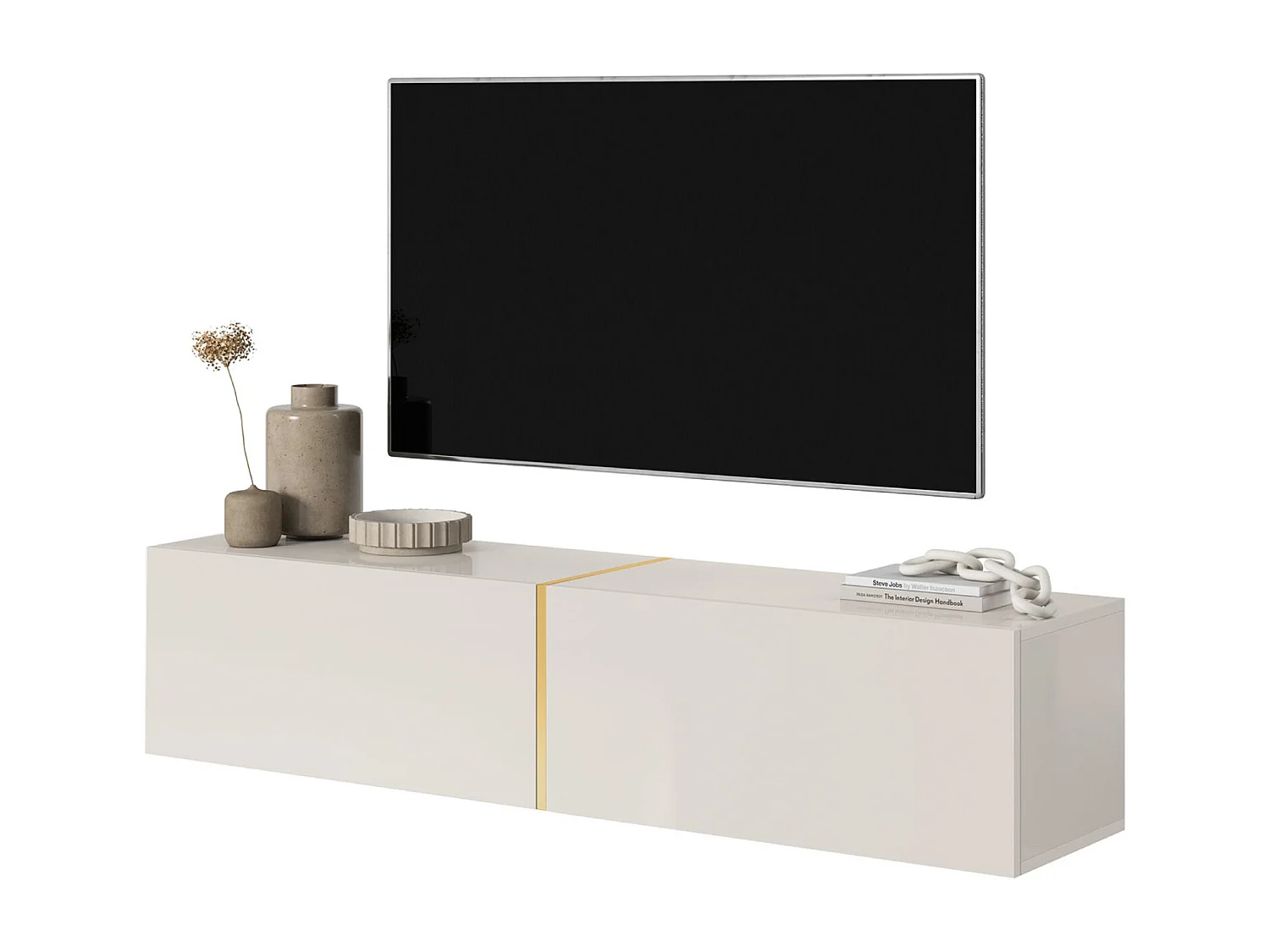Meuble TV - 140 cm - taupe (gris-beige) avec insert doré - BISIRA