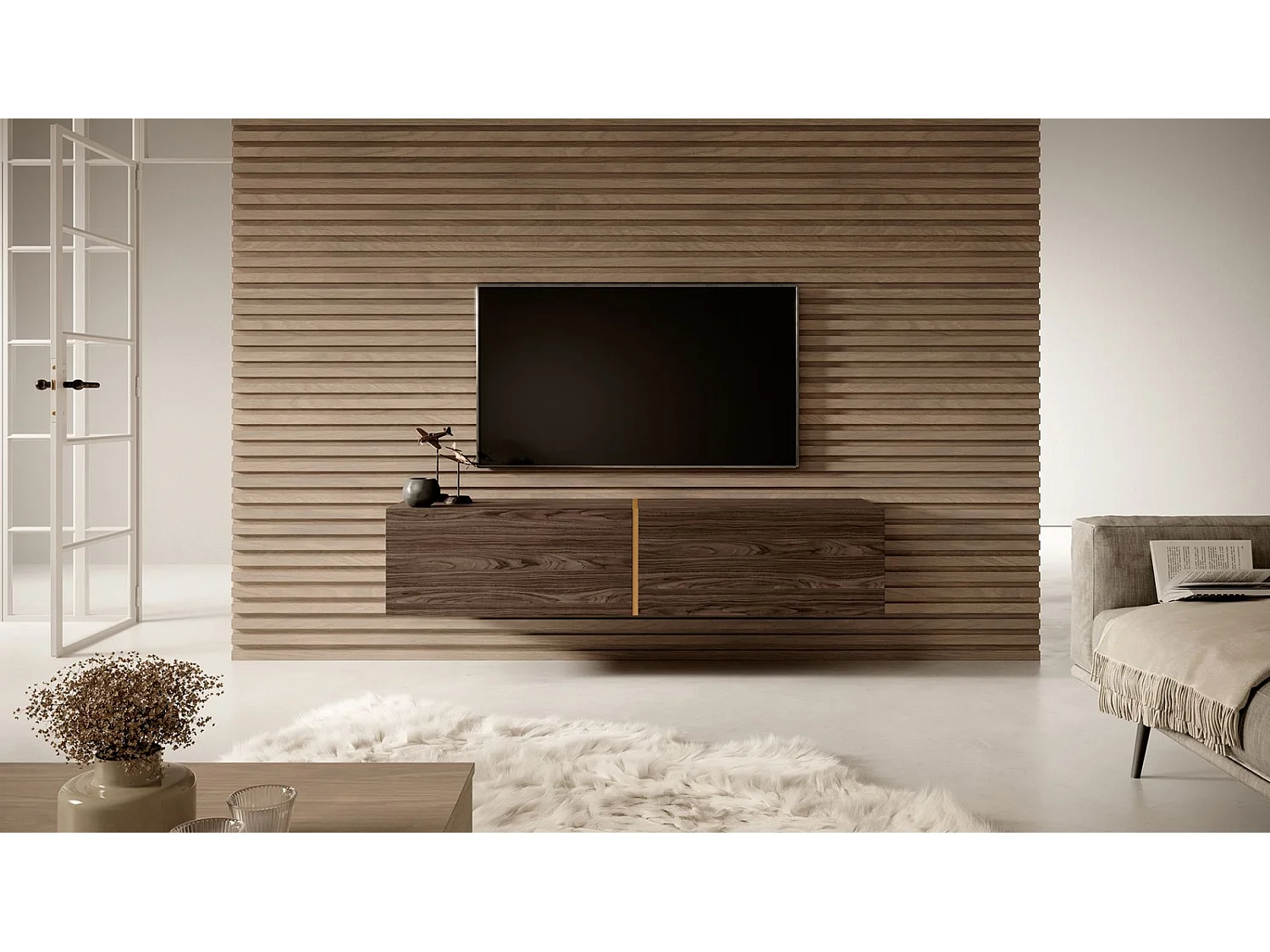 Mueble TV 140 cm Nogal con inserto dorado - Bisira