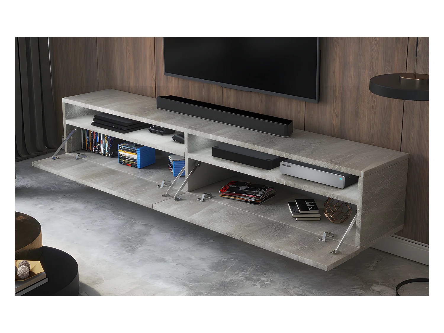 TV-Schrank / TV-Board stehend / hängend, 180 cm breit (Betonoptik Matt mit LED) - Rednaw