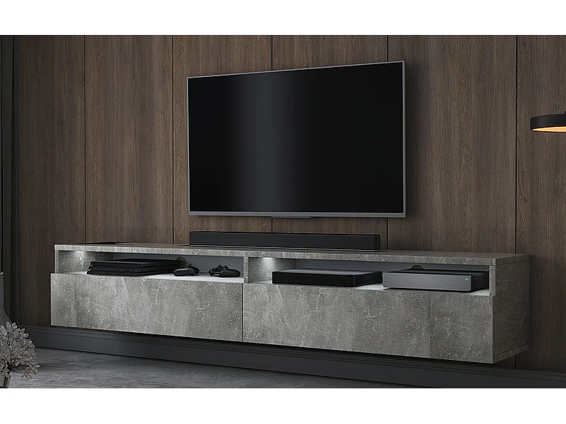 Meuble TV - 180 cm - gris béton - 2 niches ouvertes - avec 2 tiroirs - avec LED - REDNAW