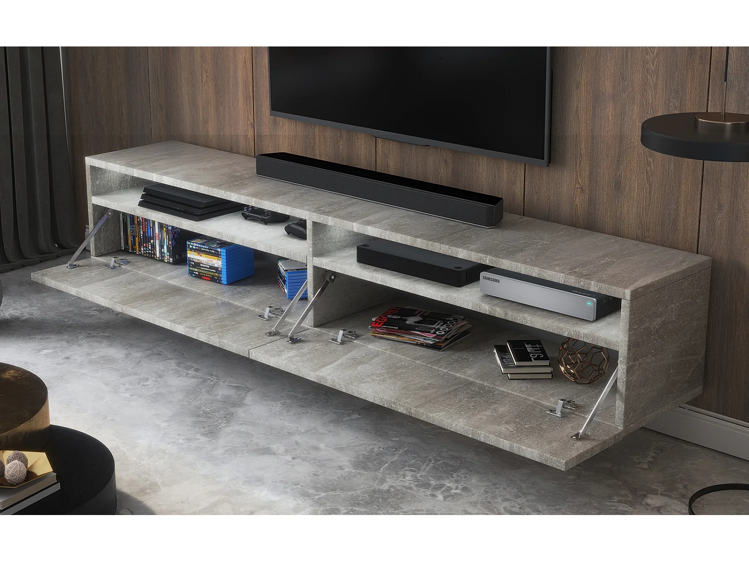 TV-Schrank - 180 cm - Betongrau - 2 offene Nischen - mit 2 Schubladen - mit LED - REDNAW