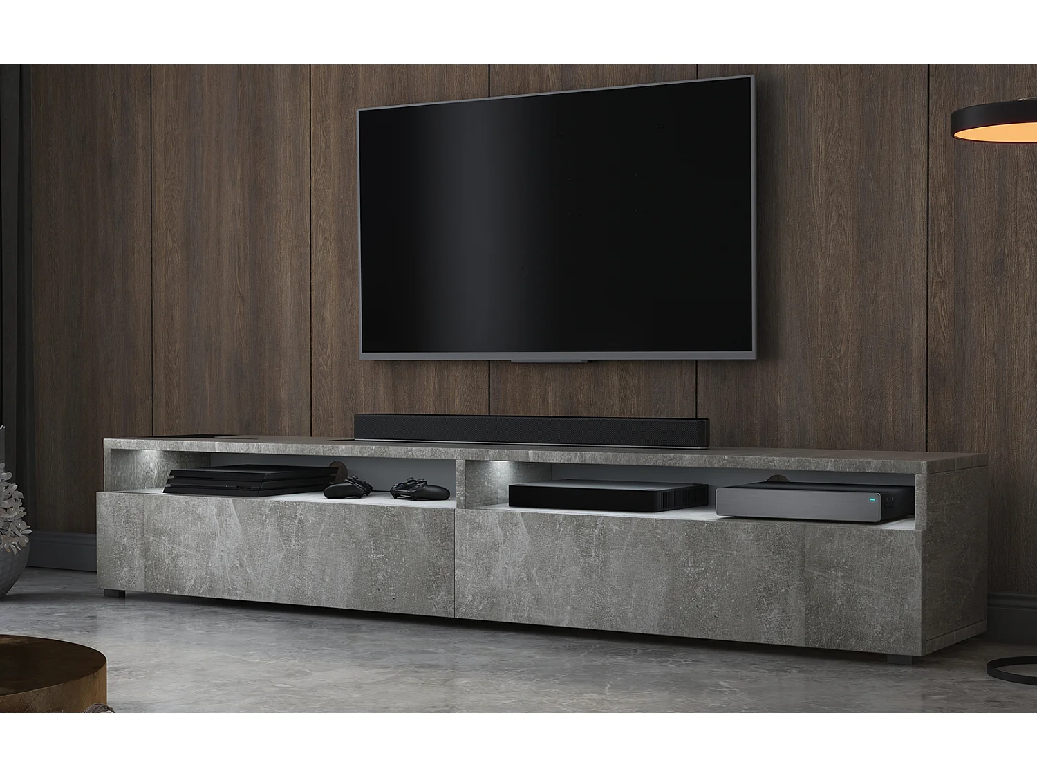 TV-Schrank - 180 cm - Betongrau - 2 offene Nischen - mit 2 Schubladen - mit LED - REDNAW