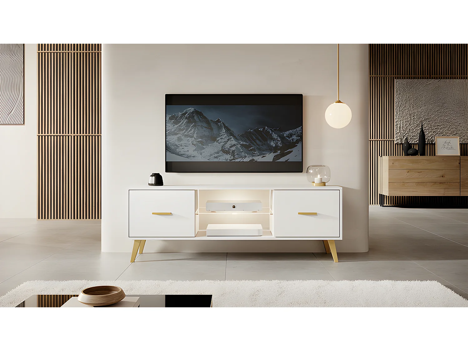 Mobile TV in piedi - 140 cm - bianco con maniglie e gambe oro - SAVONI I