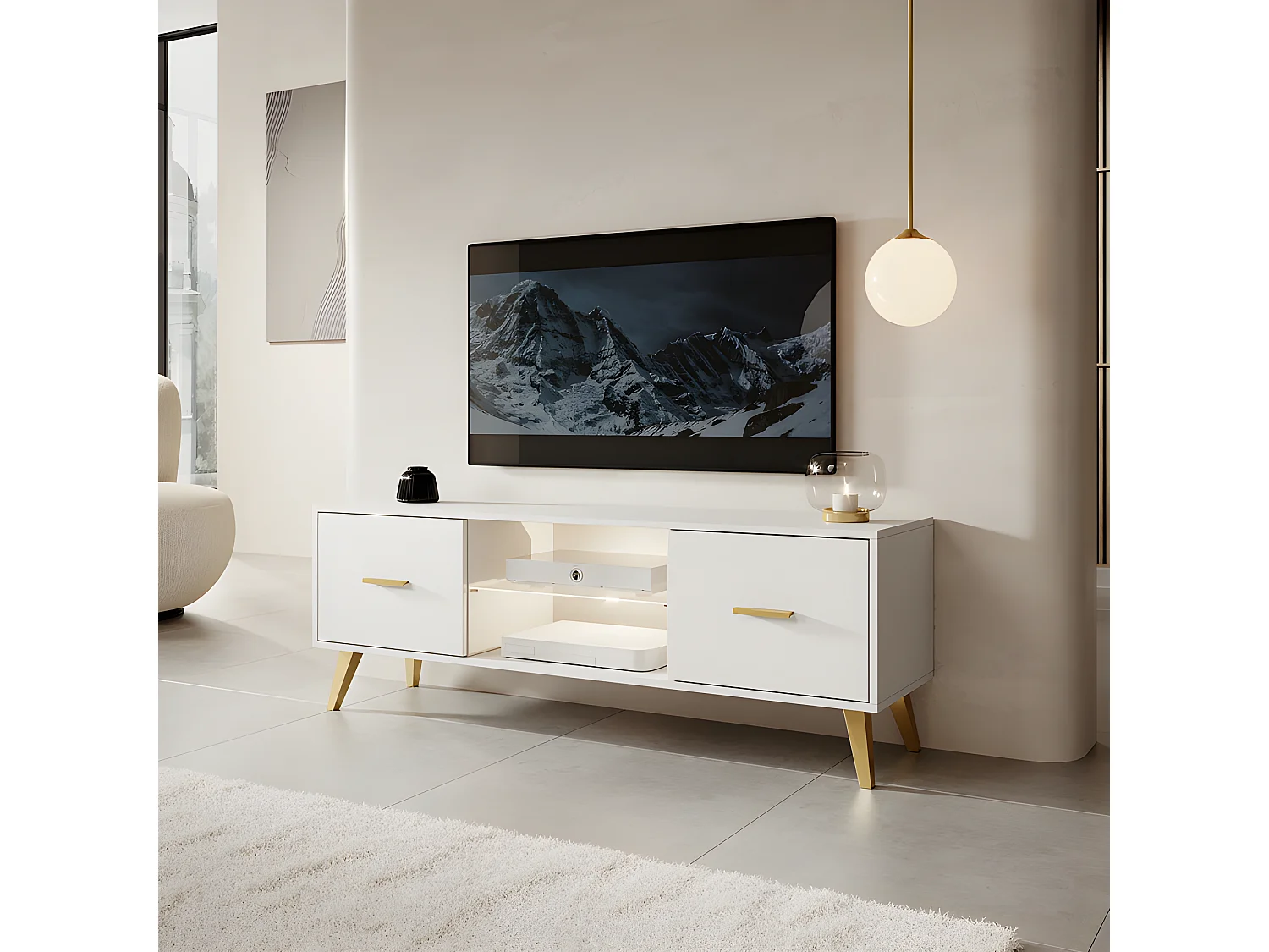 Mobile TV in piedi - 140 cm - bianco con maniglie e gambe oro - SAVONI I