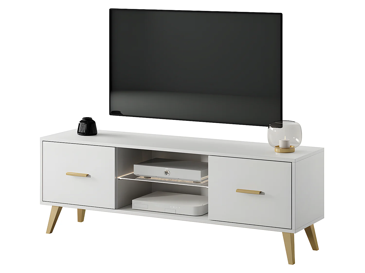 Mobile TV in piedi - 140 cm - bianco con maniglie e gambe oro - SAVONI I