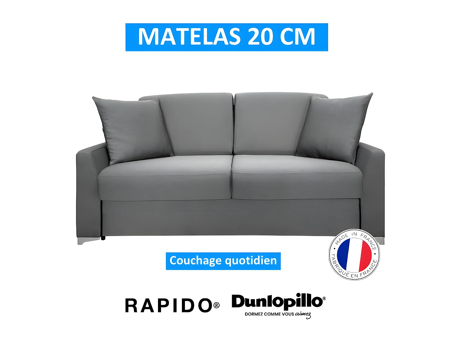 MODESTO Canapé convertible 3 places gris matelas Dunlopillo 140cm