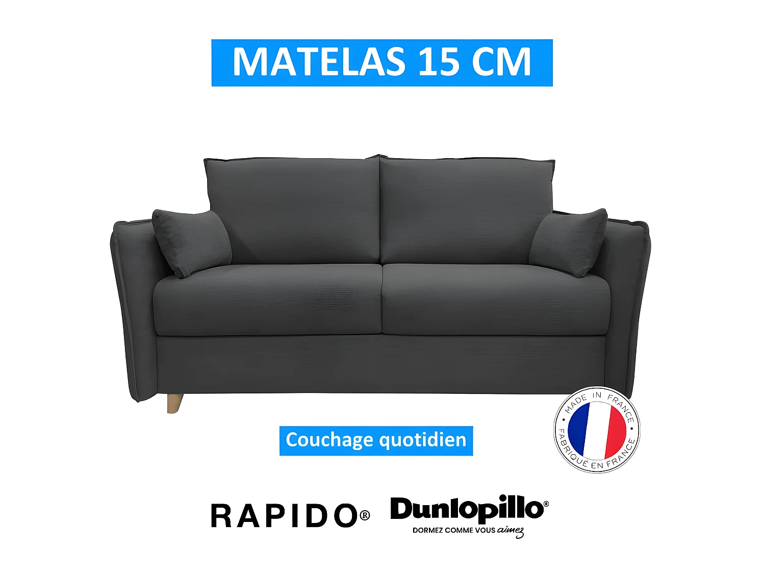 OLLIE Canapé convertible 3 places noir matelas Dunlopillo 140cm