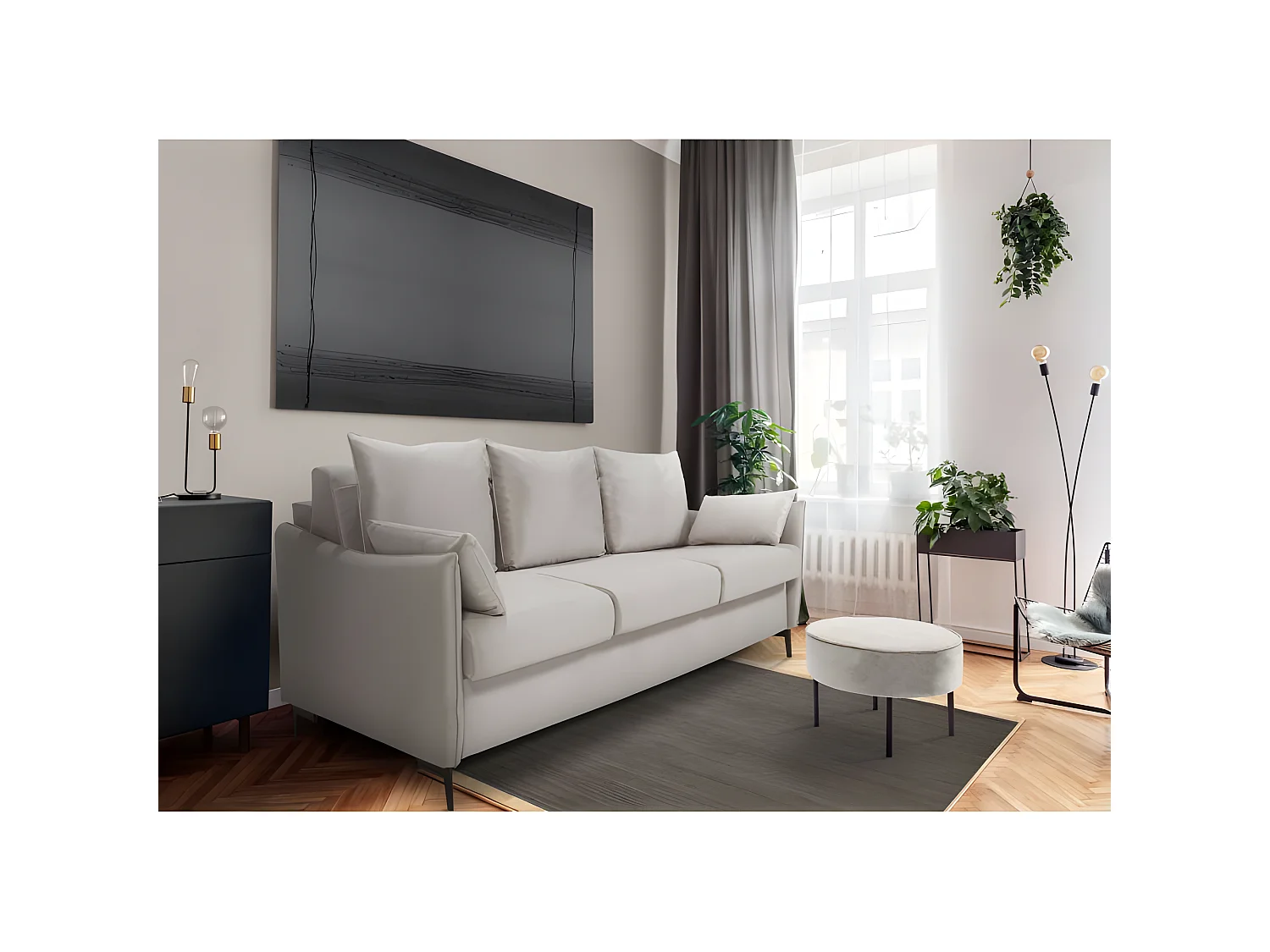 PICADILY Canapé convertible 3 places beige matelas Dunlopillo 140cm