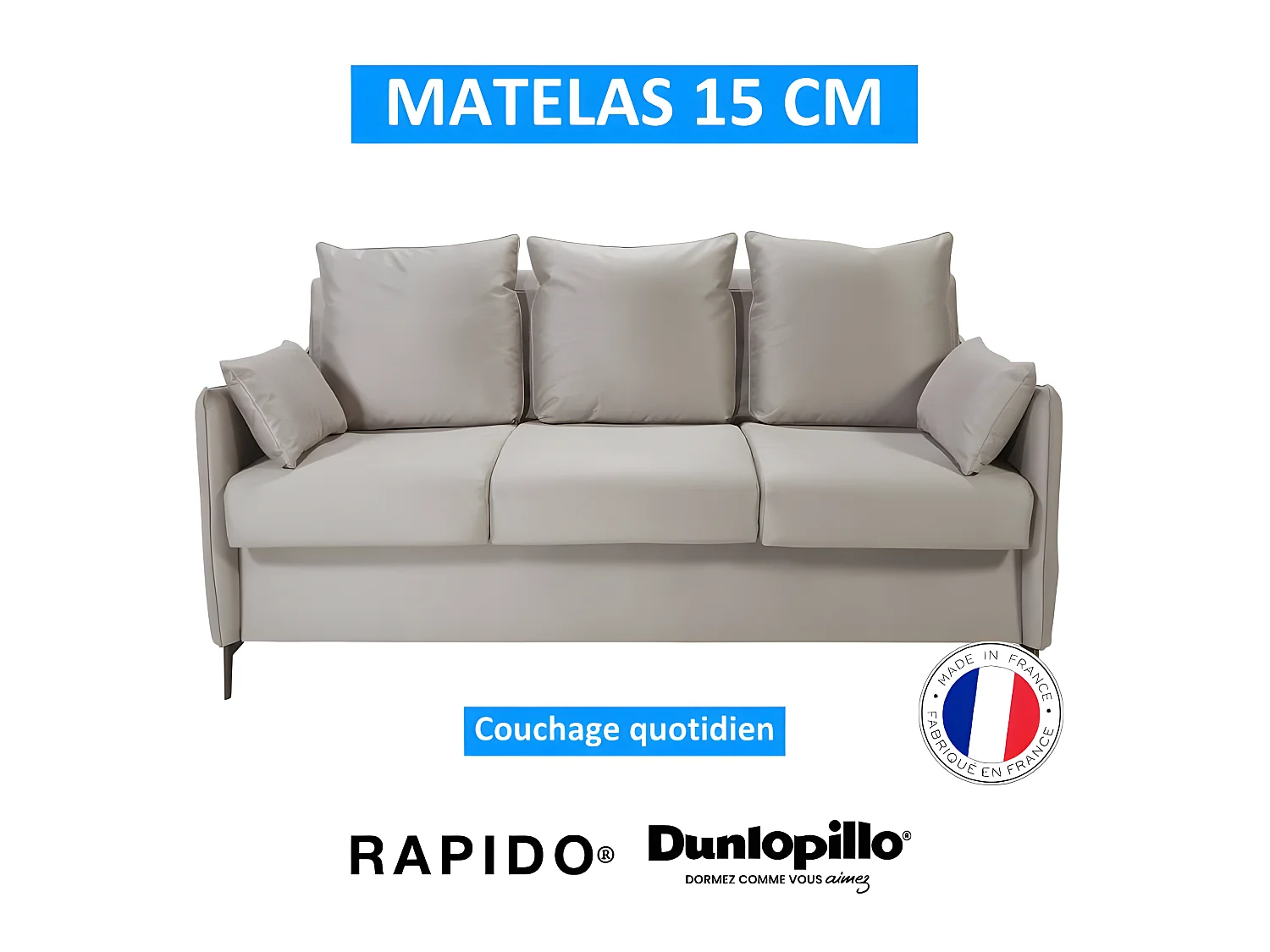PICADILY Canapé convertible 3 places beige matelas Dunlopillo 140cm