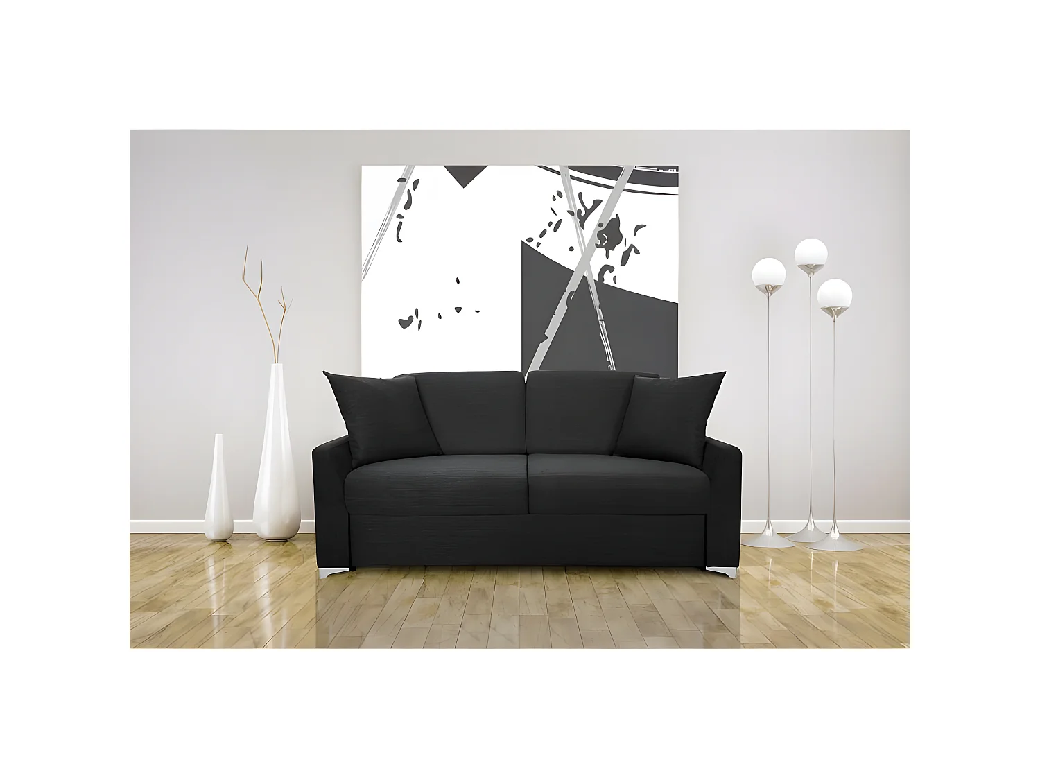 MODESTO Canapé convertible 3 places gris charbon matelas Dunlopillo 140cm