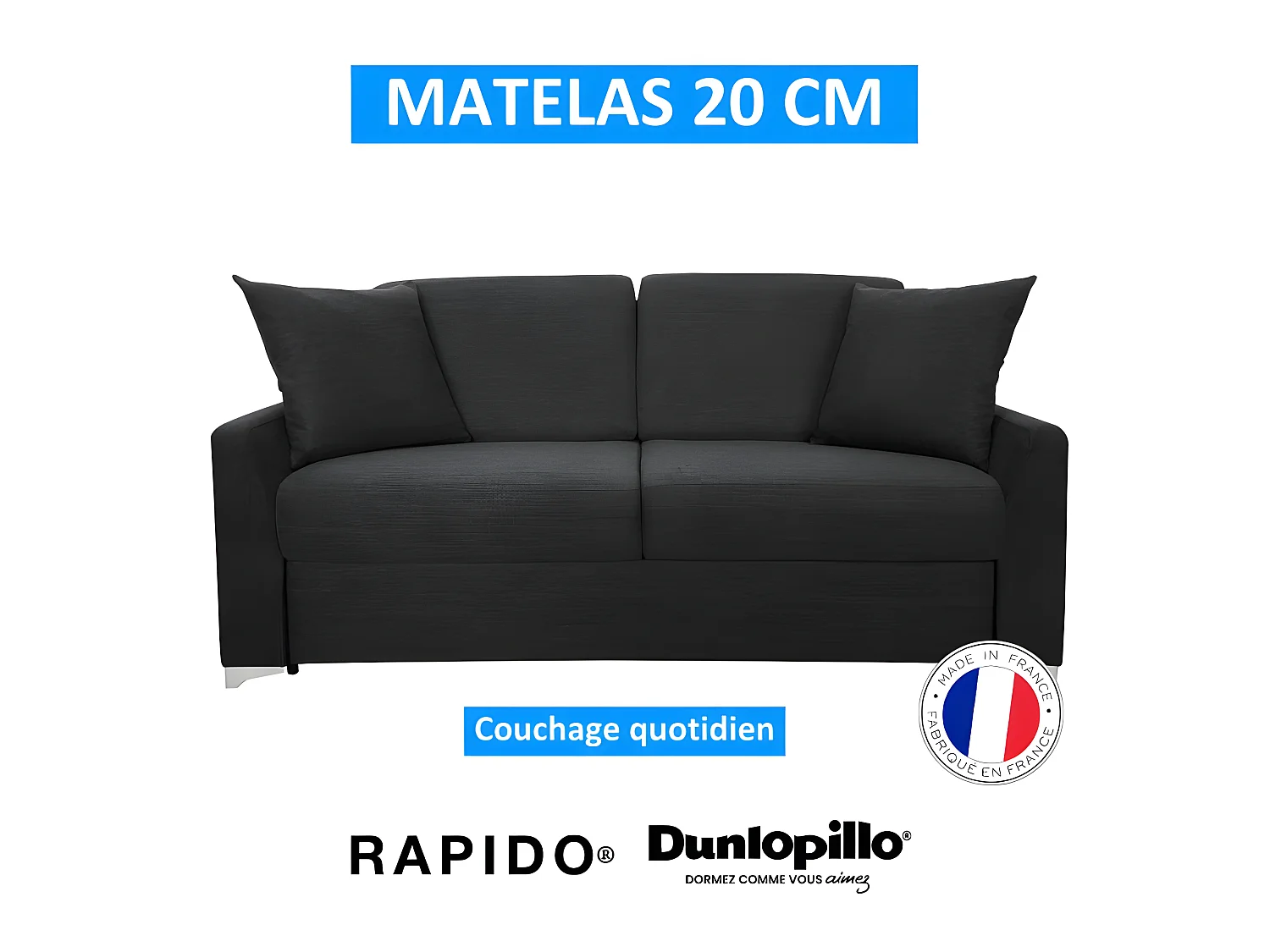 MODESTO Canapé convertible 3 places gris charbon matelas Dunlopillo 140cm