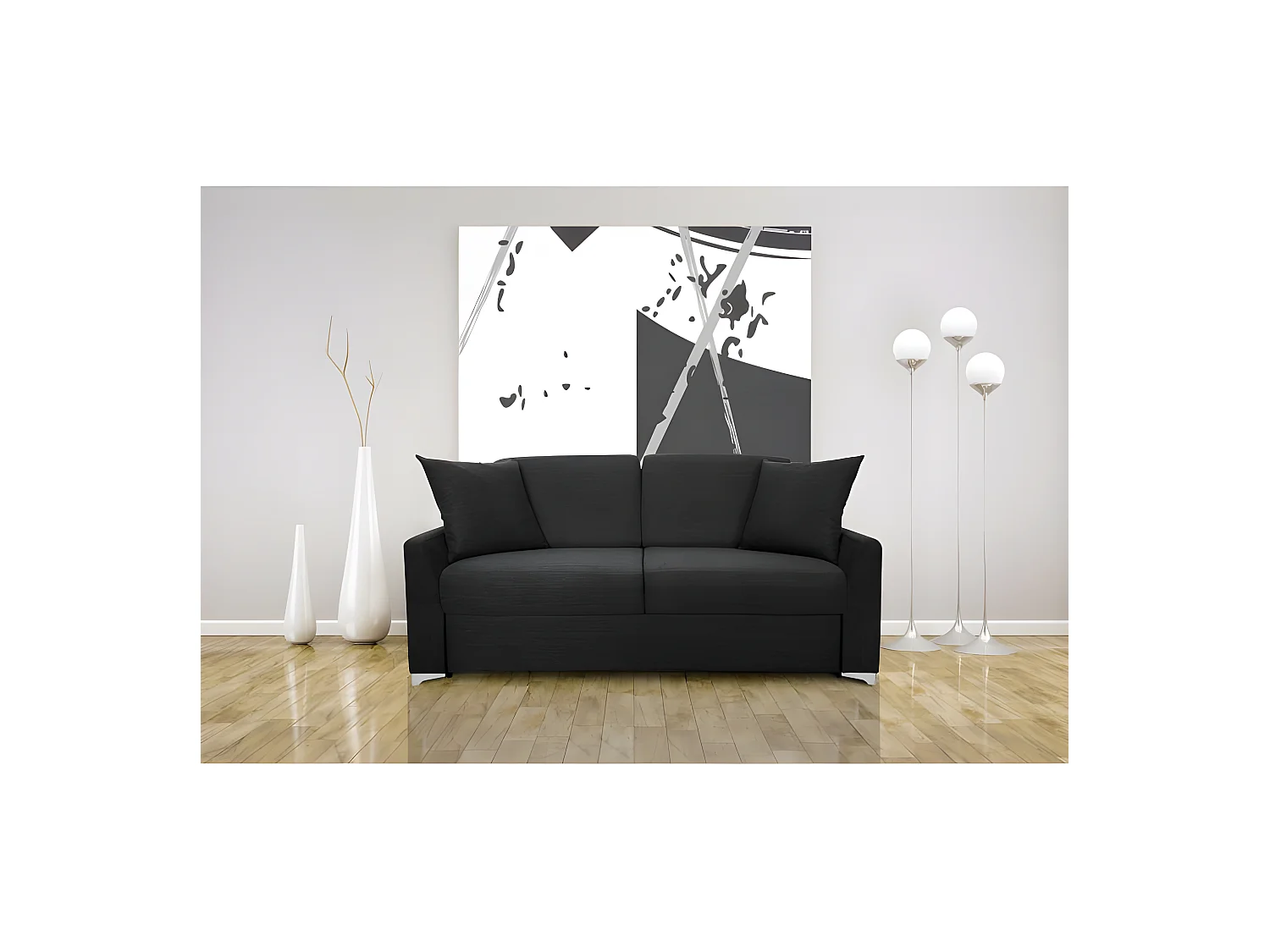 MODESTO Canapé convertible 3 places gris charbon matelas Dunlopillo 140cm