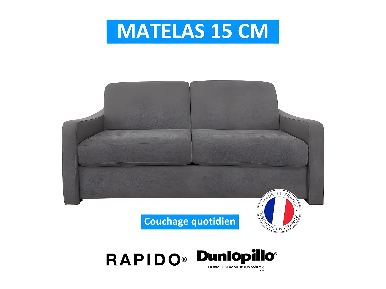 NASSAU Canapé convertible 3 places gris souris matelas Dunlopillo 140cm