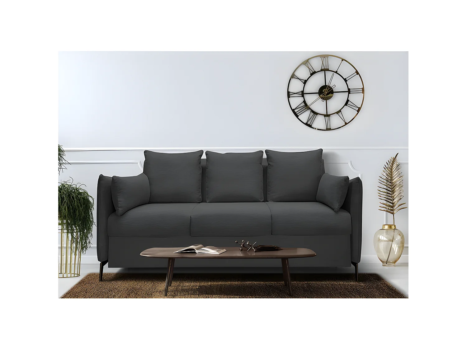 PICADILY Canapé convertible 3 places noir matelas Dunlopillo 140cm