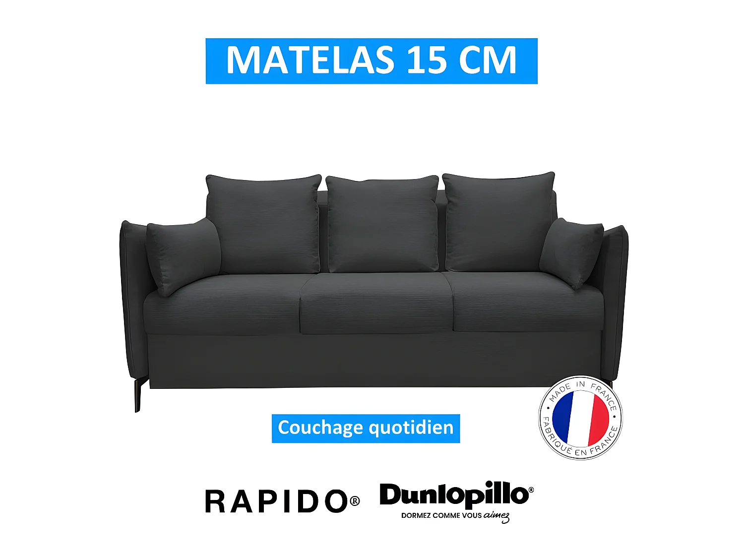 PICADILY Canapé convertible 3 places noir matelas Dunlopillo 140cm