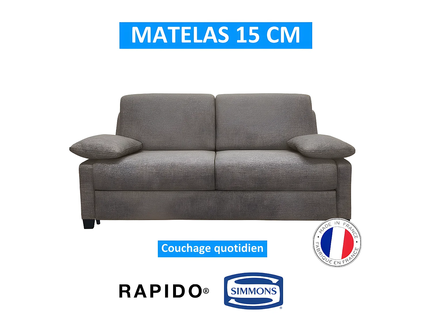 IMPALA BD Canapé convertible 3 places taupe matelas Simmons 140cm