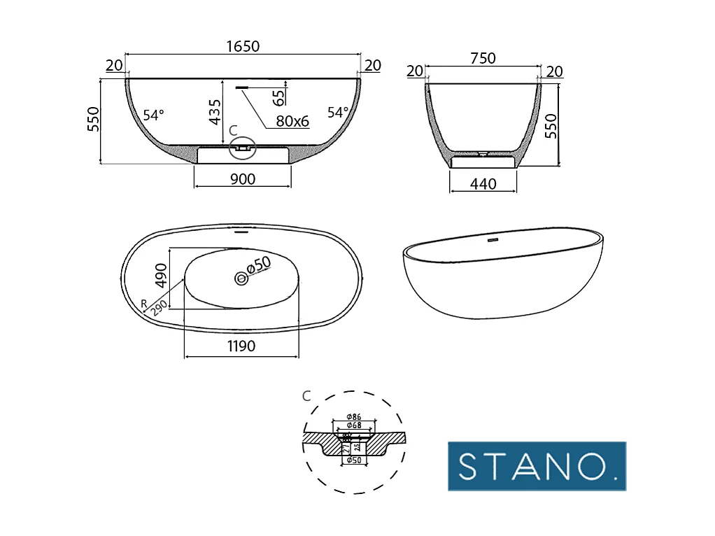 Mineralguss Badewanne MALMO freistehend 165 cm