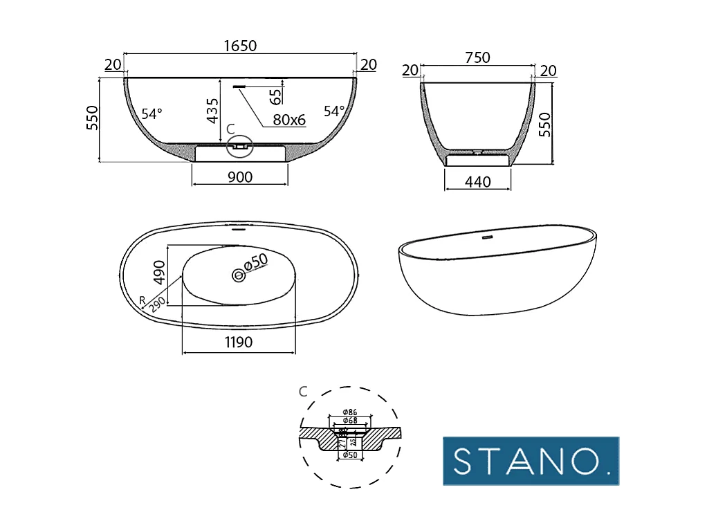 Mineralguss Badewanne MALMO freistehend 165 cm