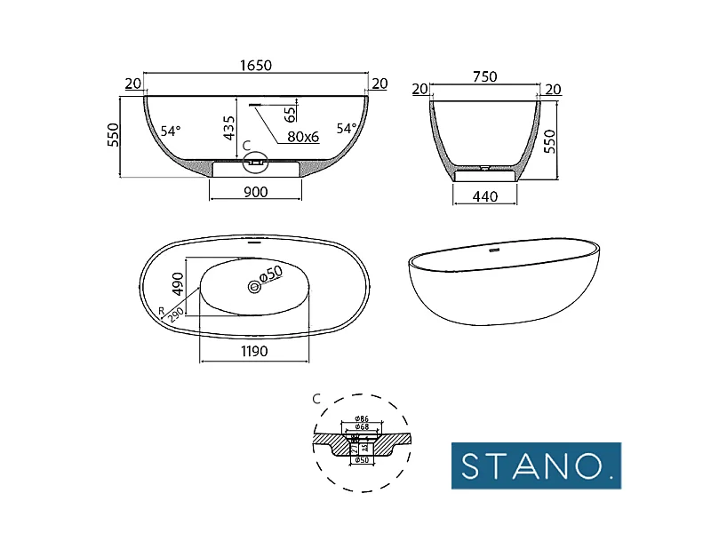 Bañera moderna Solid Surface MALMO exenta  165 cm