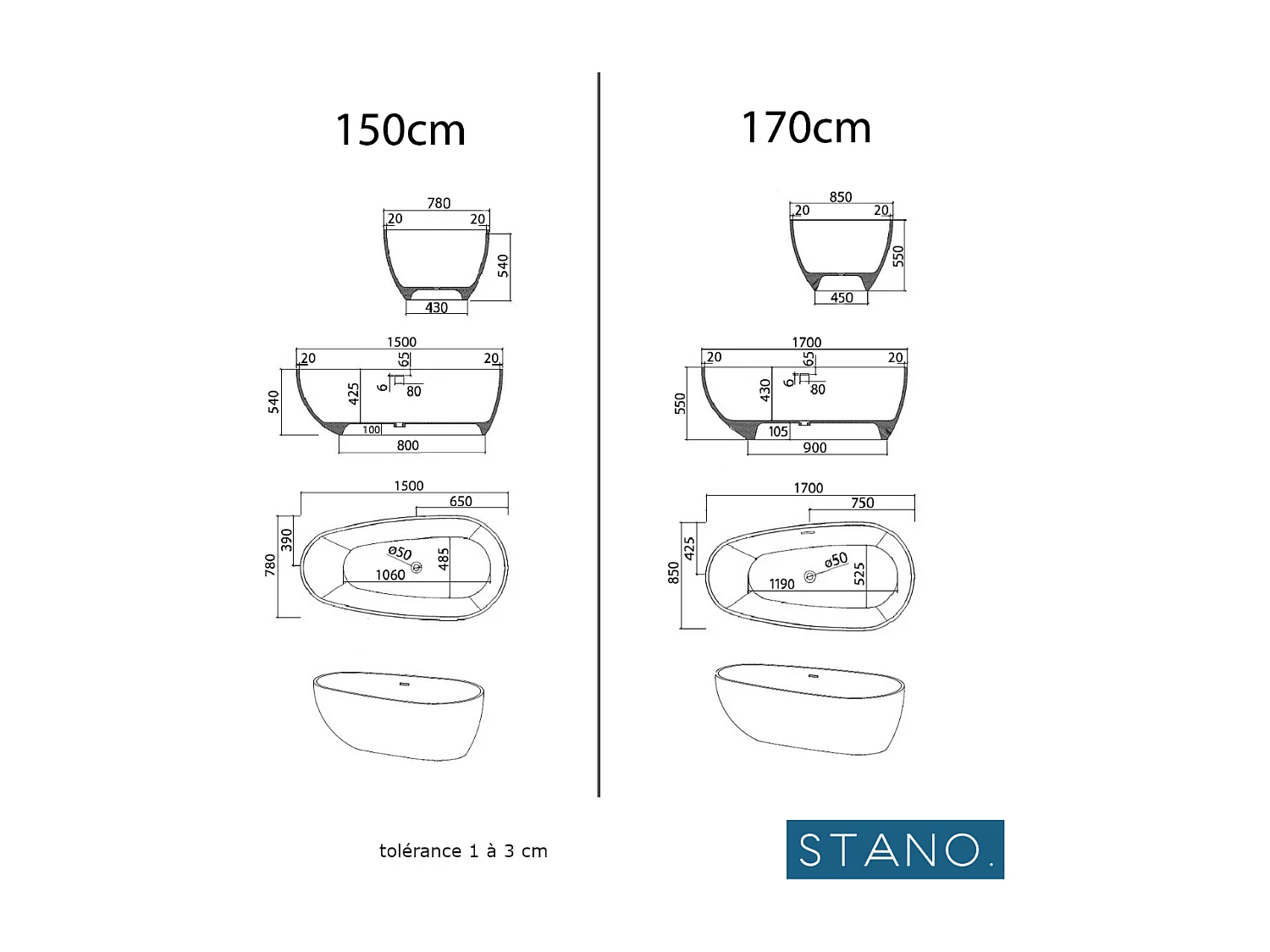 Mineralguss Badewanne HELSINKI freistehend 150 cm