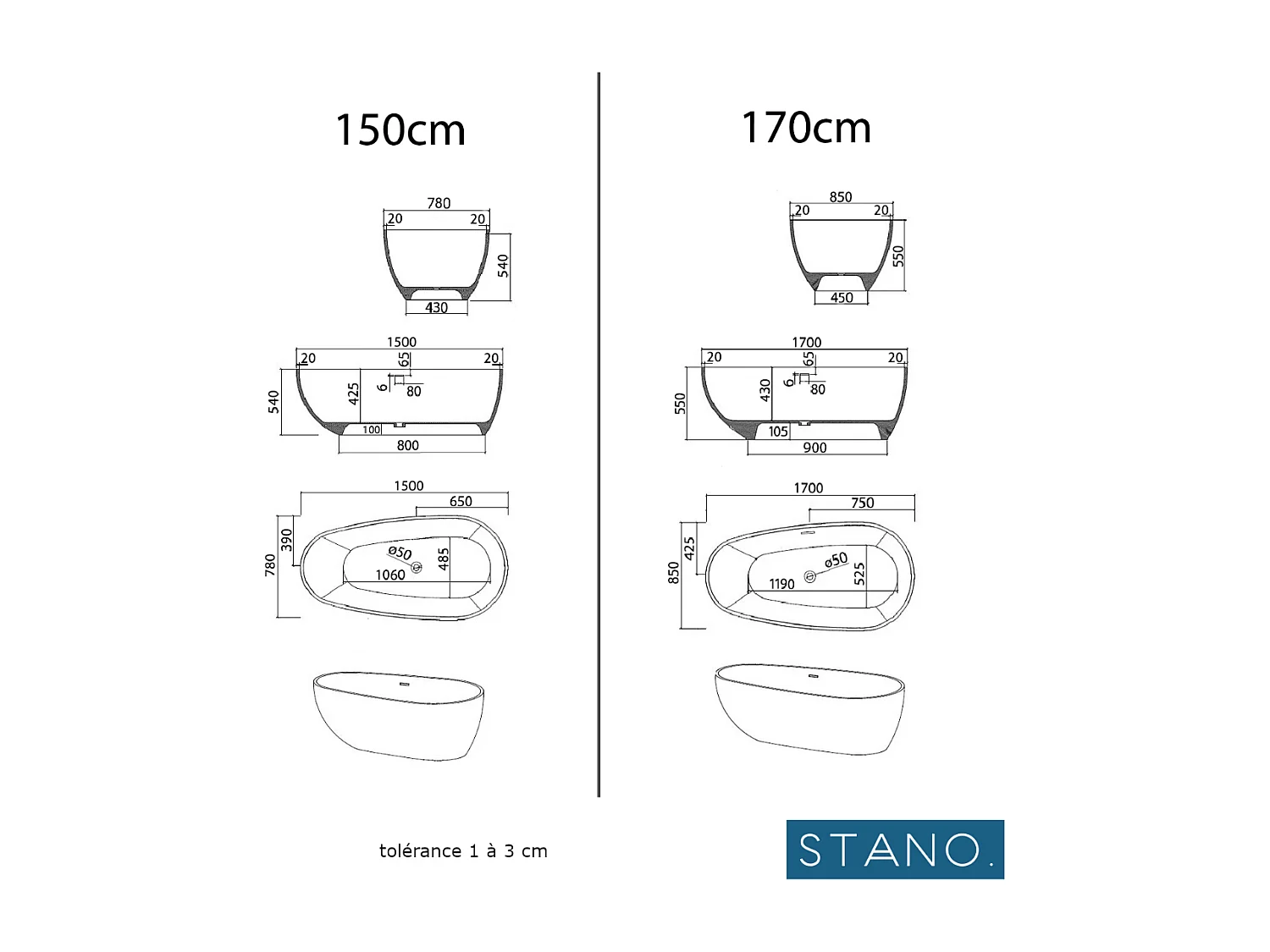 Mineralguss Badewanne HELSINKI freistehend 150 cm
