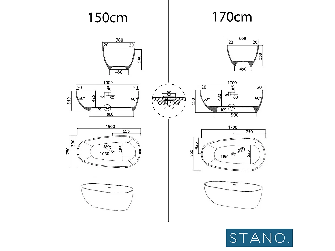 Bañera moderna Solid Surface HELSINKI exenta  150 cm