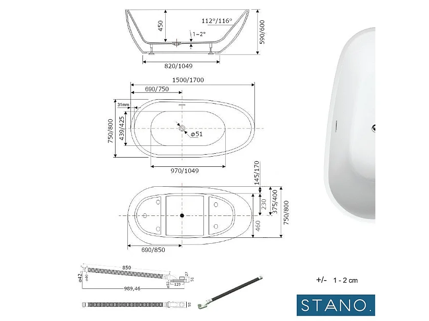 Baignoire îlot design ovale PHOENIX blanche 150 cm