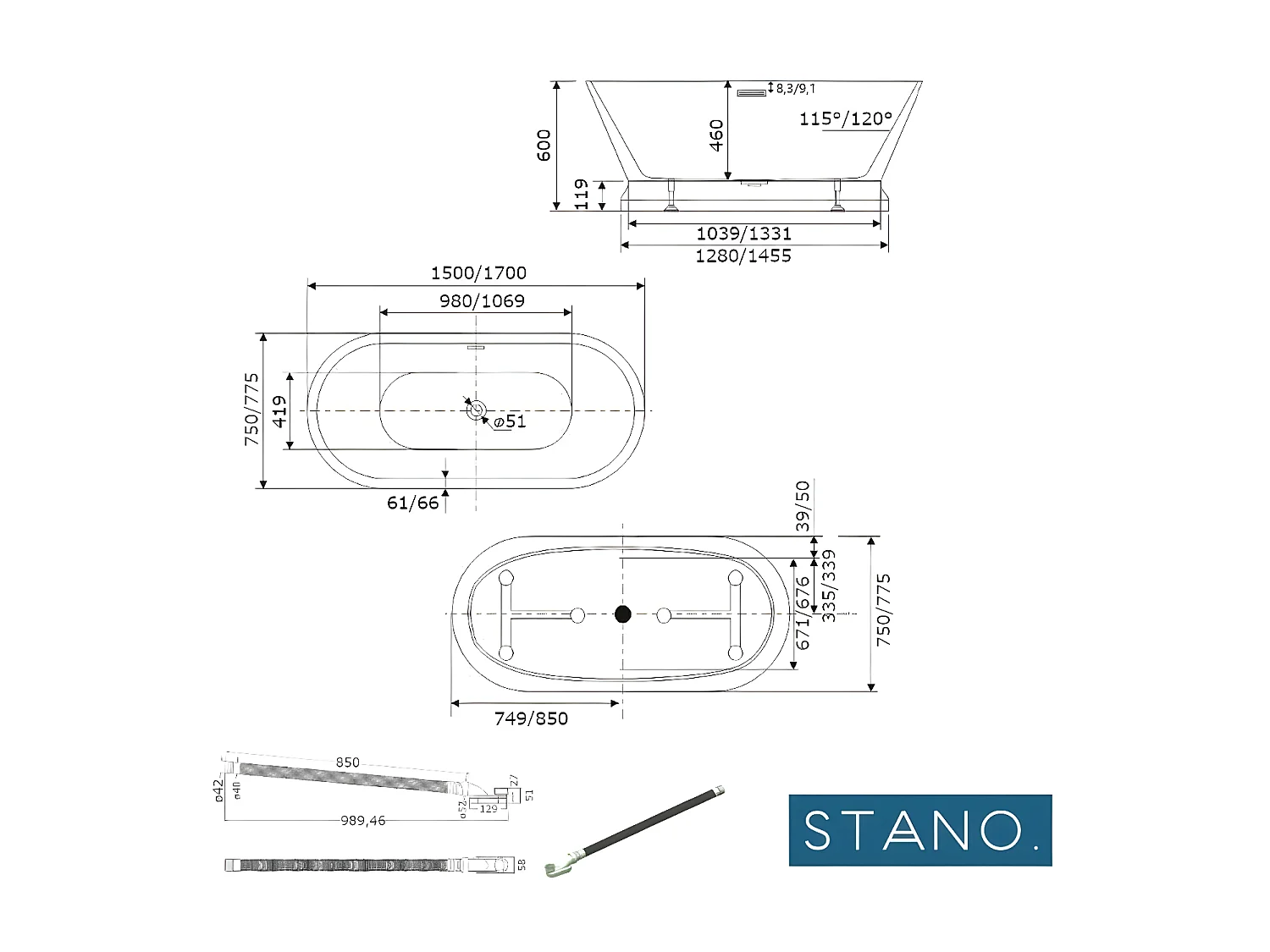 Vasca freestanding ovale SEATTLE bianca 150 cm