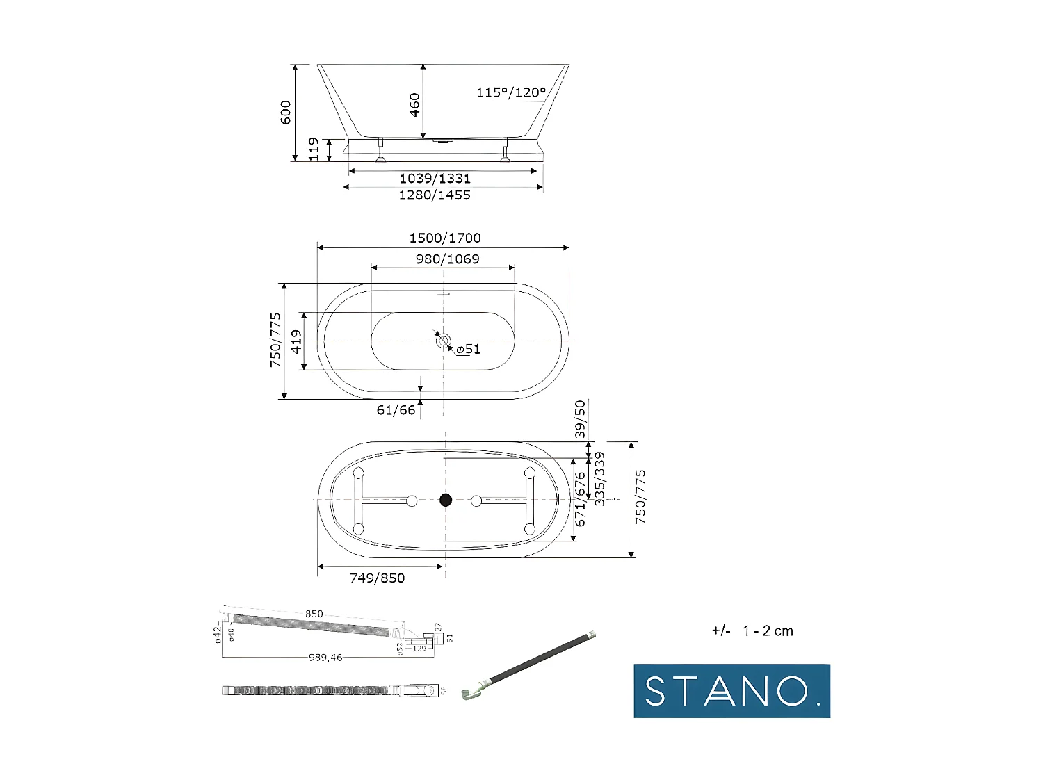 Vasca freestanding ovale SEATTLE bianca 150 cm