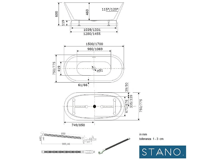 Vasca freestanding ovale SEATTLE bianca 150 cm