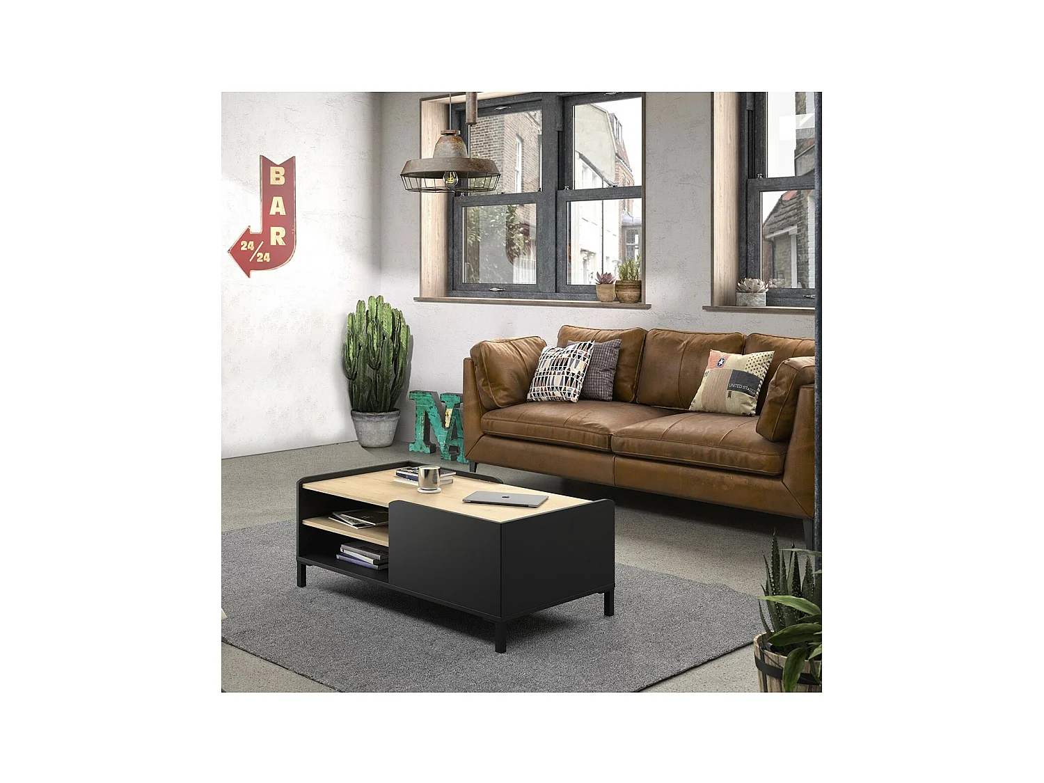 Table basse - Décor chataigner et noir - L 106 x P 60 x H 42 cm - AMSTERDAM