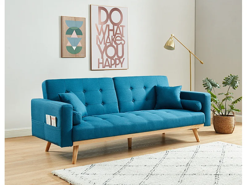 Canapé KELLY droit en tissu bleu convertible