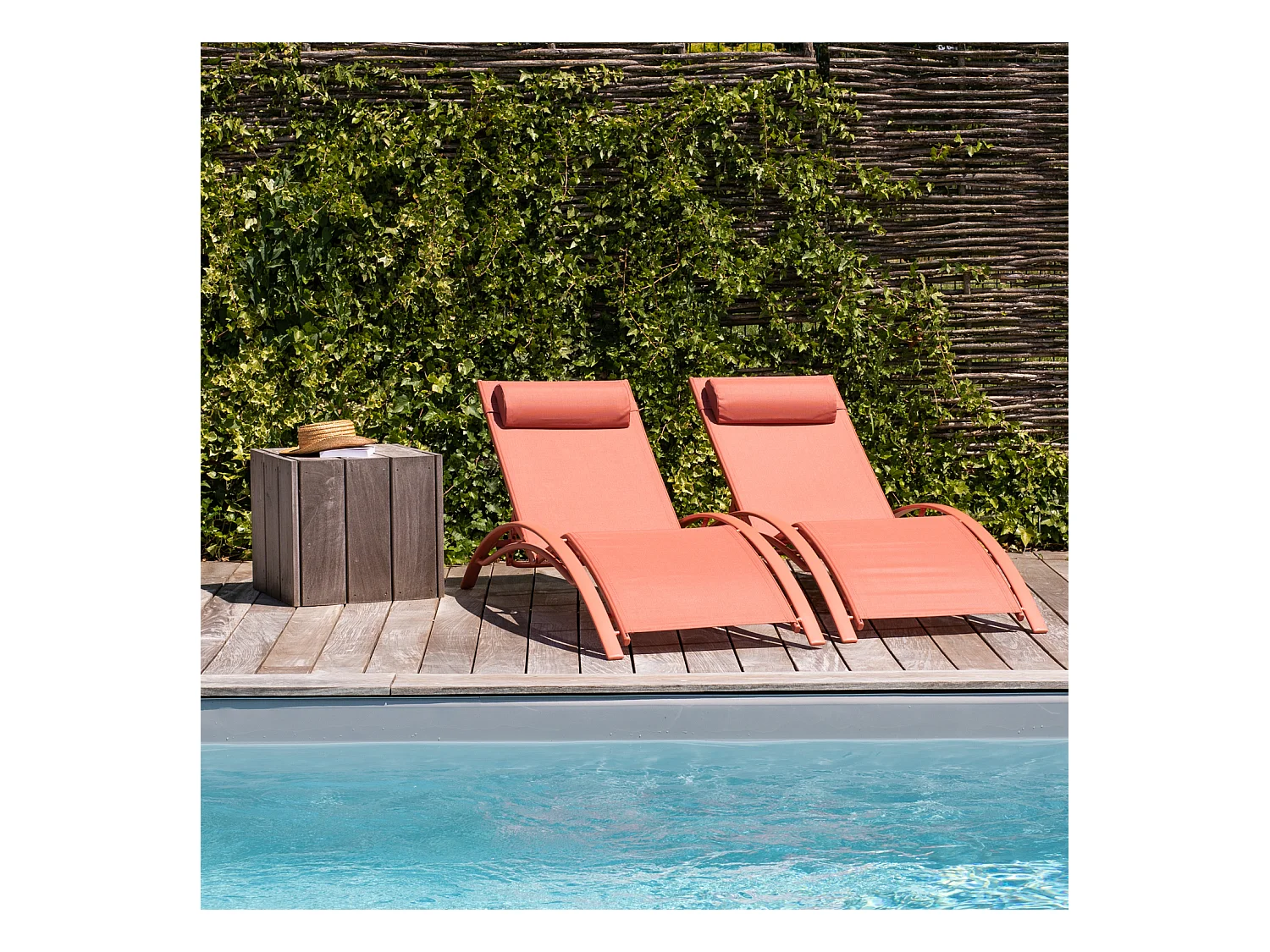 Lot de 2 transats GALAPAGOS en textilène terracotta - aluminium terracotta - HAPPY GARDEN